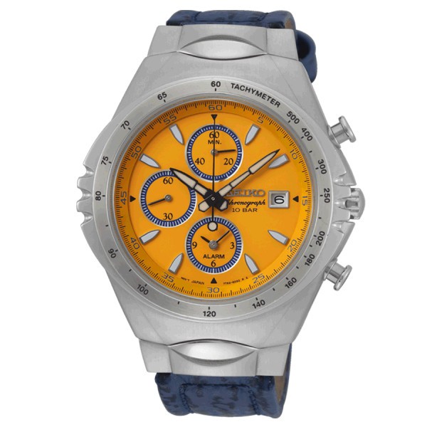 Montre Seiko Sport chronographe quartz cadran orange bracelet cuir bleu 43,2 mm