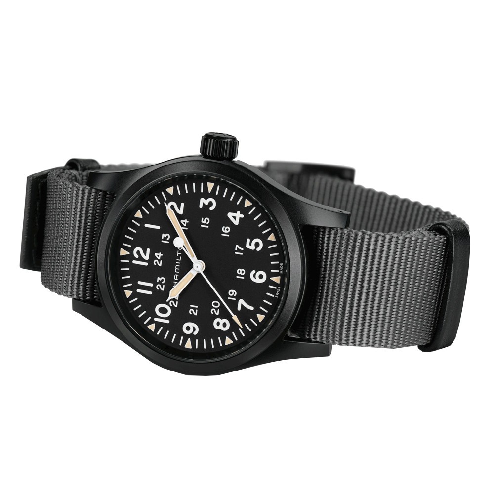 Montre Hamilton Khaki Field Mechanical full black cadran noir bracelet NATO noir 38 mm