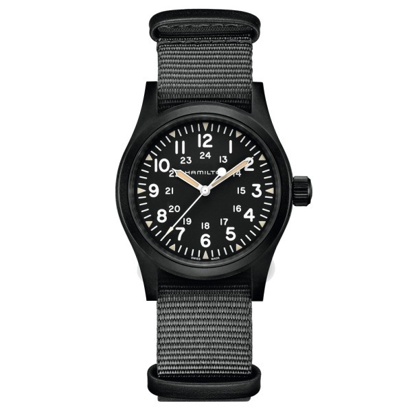 Montre Hamilton Khaki Field Mechanical full black cadran noir bracelet NATO noir 38 mm