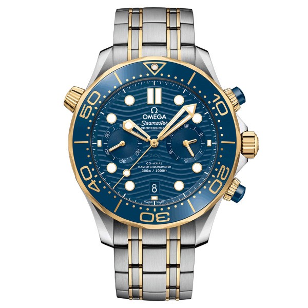 Montre Omega Seamaster Diver 300m Co-Axial Master Chronometer Chronograph cadran bleu bracelet or et acier 44 mm
