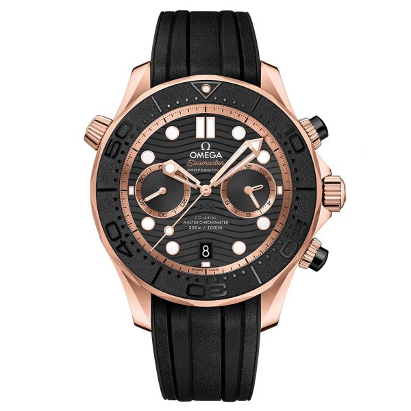 Montre Omega Seamaster Diver 300m Co-Axial Master Chronometer Chronograph or Sedna cadran noir bracelet caoutchouc noir 44 mm