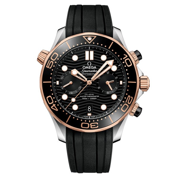 Montre Omega Seamaster Diver 300m Co-Axial Master Chronometer Chronograph détails or Sedna caoutchouc noir 44 mm