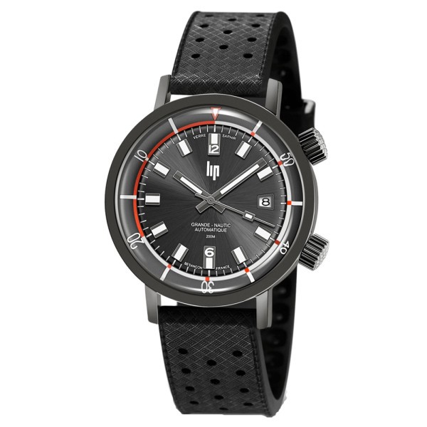 Montre Lip Grande Nautic automatique cadran noir bracelet caoutchouc perforé noir 38 mm