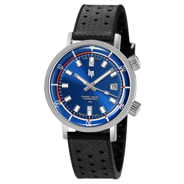 Montre Lip Grande Nautic automatique cadran bleu bracelet caoutchouc perforé noir 38 mm