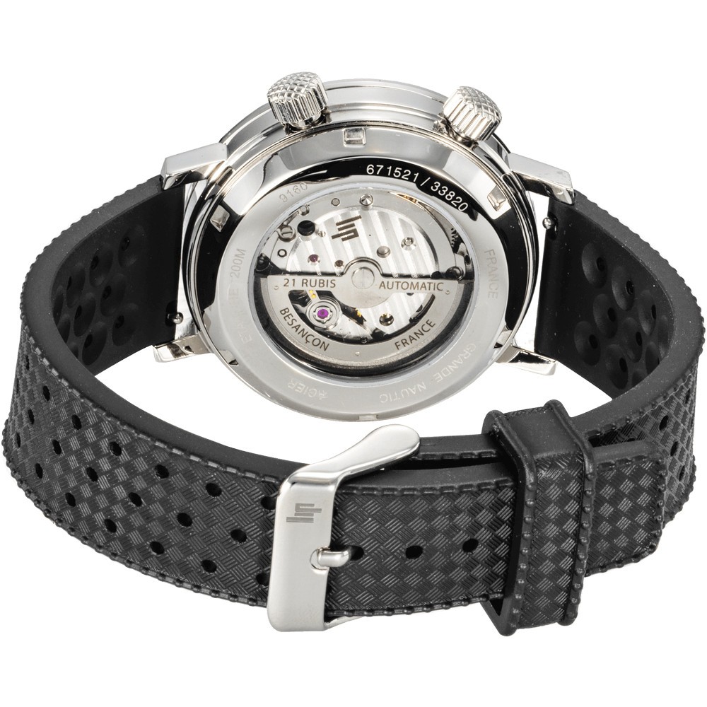 Montre Lip Grande Nautic automatique cadran bleu bracelet caoutchouc perforé noir 38 mm