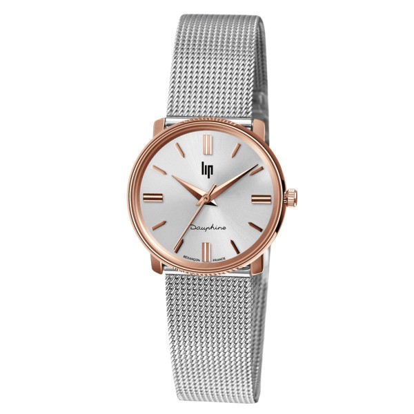 Montre Lip Dauphine quartz acier PVD doré rose cadran argenté bracelet maille milanaise 29 mm