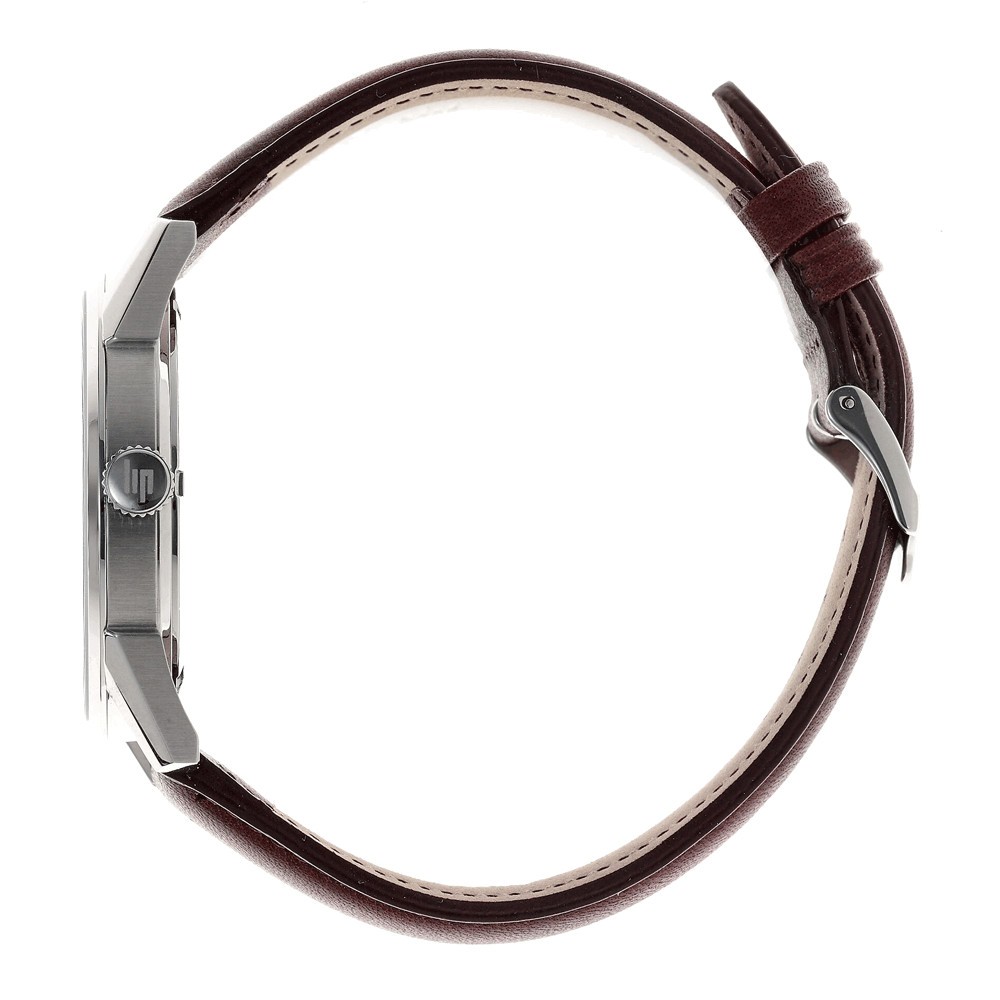 Montre Lip Himalaya quartz cadran argenté bracelet cuir marron 40 mm