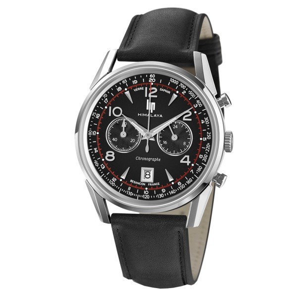 Montre Lip Himalaya Chronographe quartz cadran noir bracelet cuir noir 40 mm