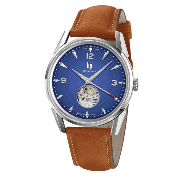 Montre Lip Himalaya Cœur Battant automatique cadran bleu bracelet cuir gold 40 mm