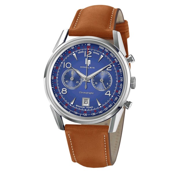 Montre Lip Himalaya Chronographe quartz cadran bleu bracelet cuir gold 40 mm