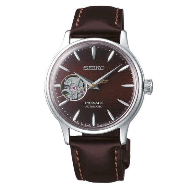 Montre Seiko Presage Cœur ouvert automatique cadran marron bracelet cuir marron 33,8 mm