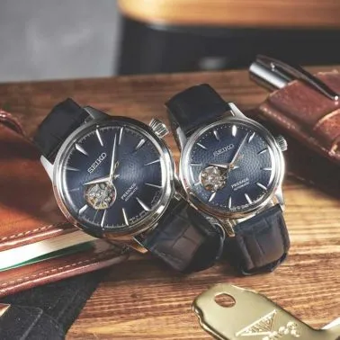 Montre Seiko Presage Cœur ouvert automatique cadran bleu bracelet cuir bleu 40,5 mm