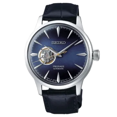 Montre Seiko Presage Cœur ouvert automatique cadran bleu bracelet cuir bleu 40,5 mm