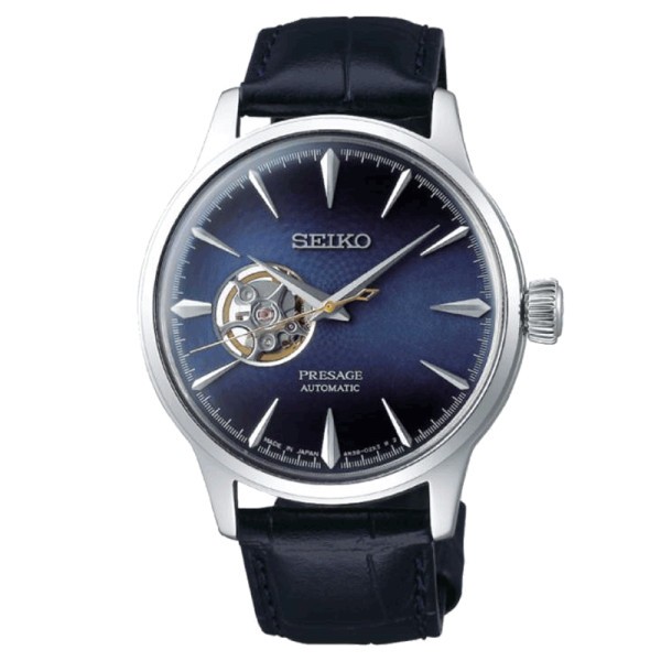 Montre Seiko Presage Cœur ouvert automatique cadran bleu bracelet cuir bleu 40,5 mm