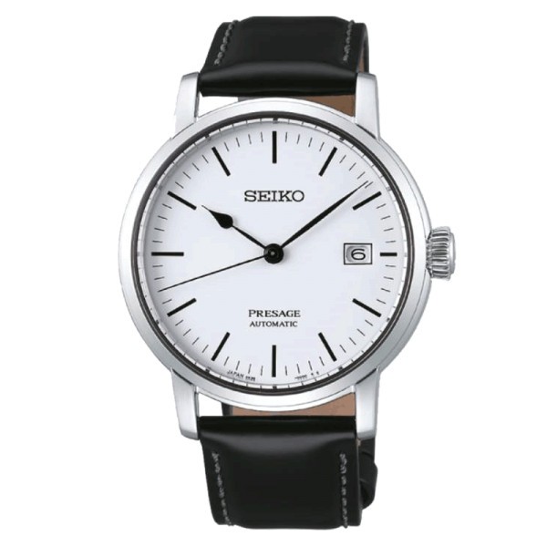 Montre Seiko Presage automatique cadran blanc bracelet cuir noir 39,9 mm