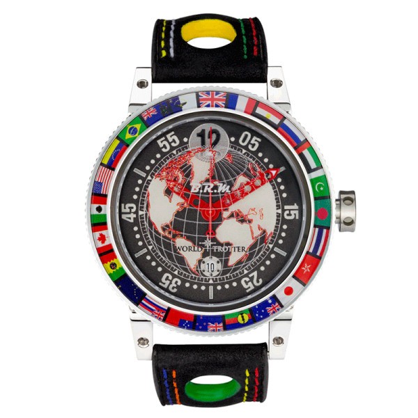 Montre BRM GMT automatique titane aiguilles rouges bracelet cuir multicolore 46 mm