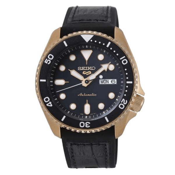 Montre Seiko 5 Specialists automatique acier PVD doré rose cadran noir bracelet cuir marron 42,5 mm