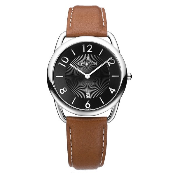 Montre Michel Herbelin Equinoxe quartz cadran noir bracelet cuir brun 39 mm