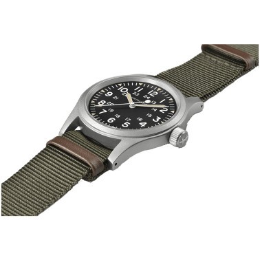 Montre Hamilton Khaki Field mécanique cadran noir bracelet NATO kaki 38 mm H69439931