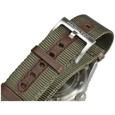 Montre Hamilton Khaki Field mécanique cadran noir bracelet NATO kaki 38 mm H69439931