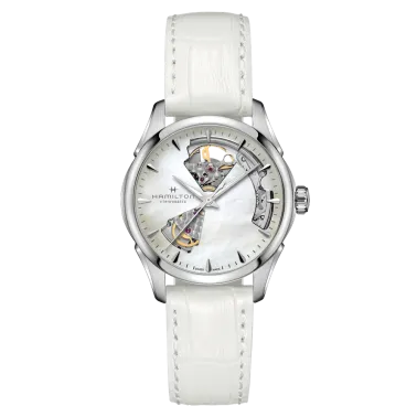 Montre Hamilton Jazzmaster Open Heart Lady automatique cadran nacre bracelet cuir blanc 36 mm