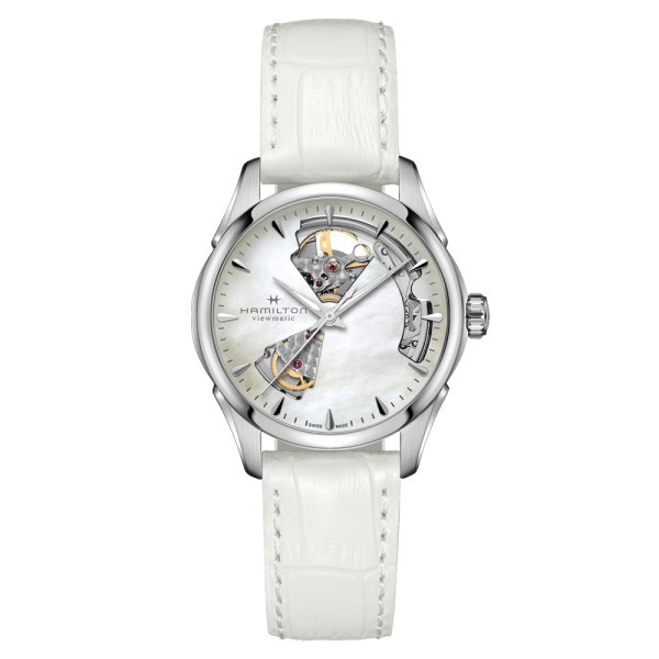 Montre Hamilton Jazzmaster Open Heart Lady automatique cadran nacre bracelet cuir blanc 36 mm