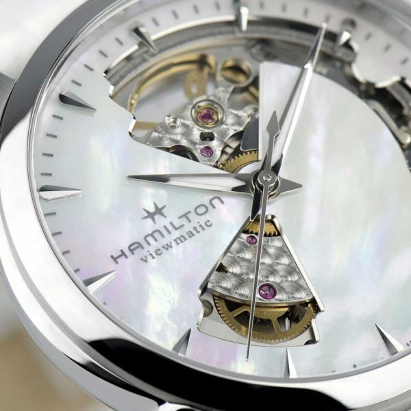 Montre Hamilton Jazzmaster Open Heart Lady automatique cadran nacre bracelet cuir blanc 36 mm