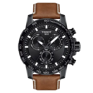 Montre Tissot T-Sport Supersport Chrono quartz acier PVD noir cadran noir bracelet cuir marron 45,5 mm