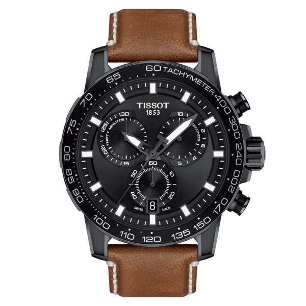 Montre Tissot T-Sport Supersport Chrono quartz acier PVD noir cadran noir bracelet cuir marron 45,5 mm