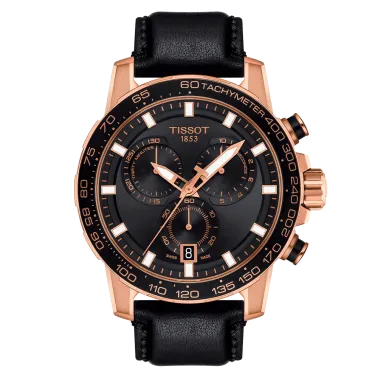 Montre Tissot T-Sport Supersport Chrono quartz acier PVD doré rose cadran noir bracelet cuir noir 45,5 mm