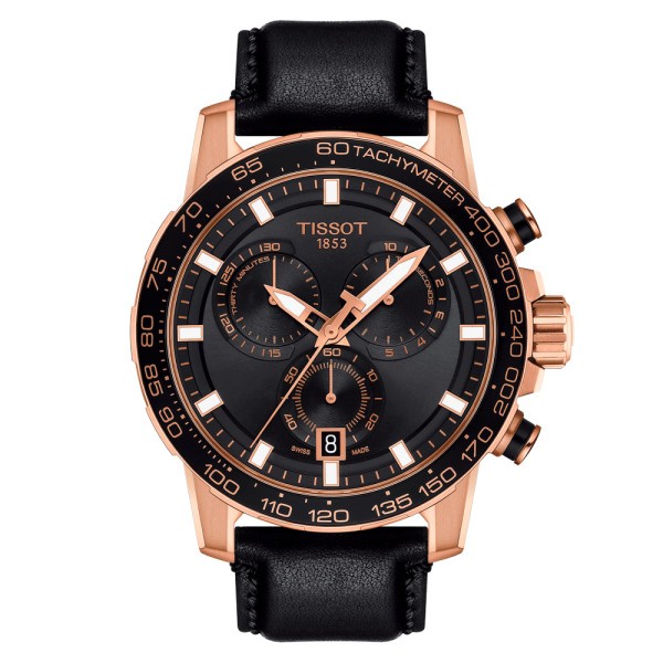 Montre Tissot T-Sport Supersport Chrono quartz acier PVD doré rose cadran noir bracelet cuir noir 45,5 mm