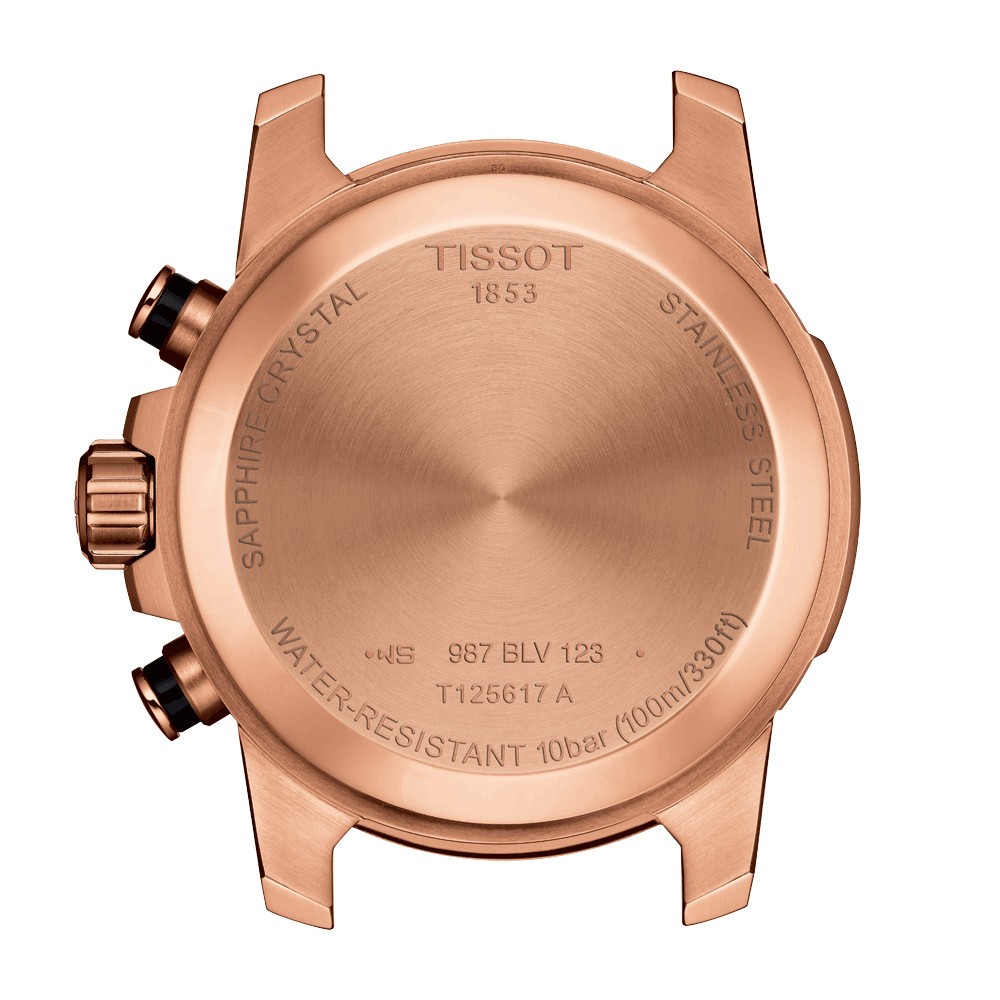 Montre Tissot T-Sport Supersport Chrono quartz acier PVD doré rose cadran noir bracelet cuir noir 45,5 mm