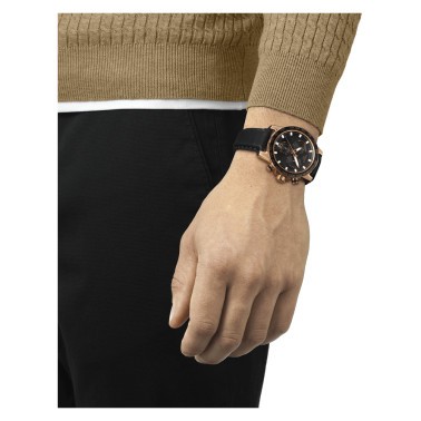 Montre Tissot T-Sport Supersport Chrono quartz acier PVD doré rose cadran noir bracelet cuir noir 45,5 mm