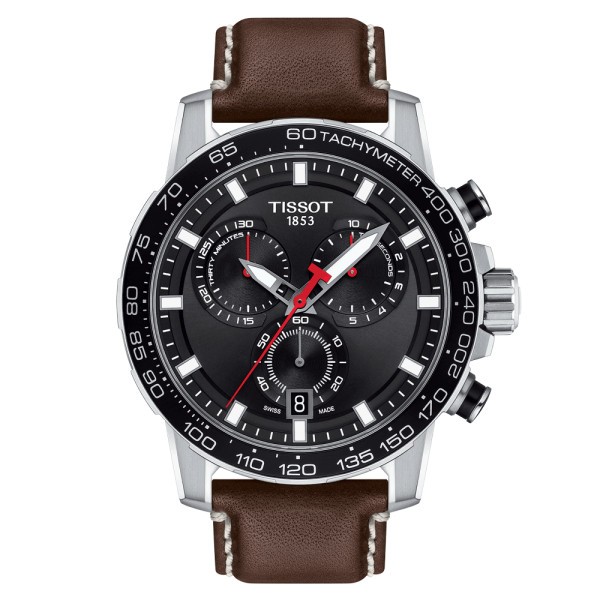 Montre Tissot T-Sport Supersport Chrono quartz cadran noir bracelet cuir marron 45,5 mm