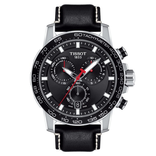 Montre Tissot T-Sport Supersport Chrono quartz cadran noir bracelet cuir noir 45,5 mm