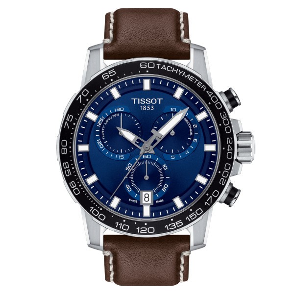 Montre Tissot T-Sport Supersport Chrono quartz cadran bleu bracelet cuir marron 45,5 mm