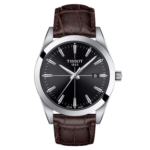 Montre Tissot T-Classic Gentleman quartz cadran noir bracelet cuir brun 40 mm