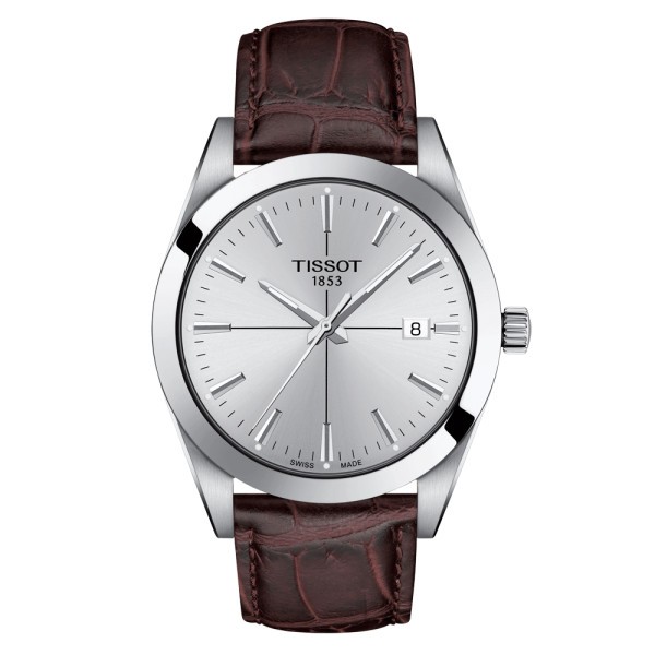 Montre Tissot T-Classic Gentleman quartz cadran argent bracelet cuir brun 40 mm