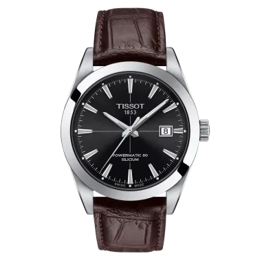 Montre Tissot T-Classic Gentleman Powermatic 80 cadran noir bracelet cuir brun 40 mm