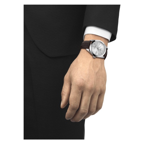Montre Tissot T-Classic Gentleman Powermatic 80 cadran argent bracelet cuir brun 40 mm