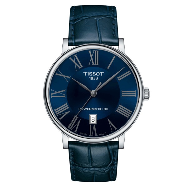 Montre Tissot T-Classic Carson Premium Powermatic 80 cadran bleu bracelet cuir bleu 40 mm