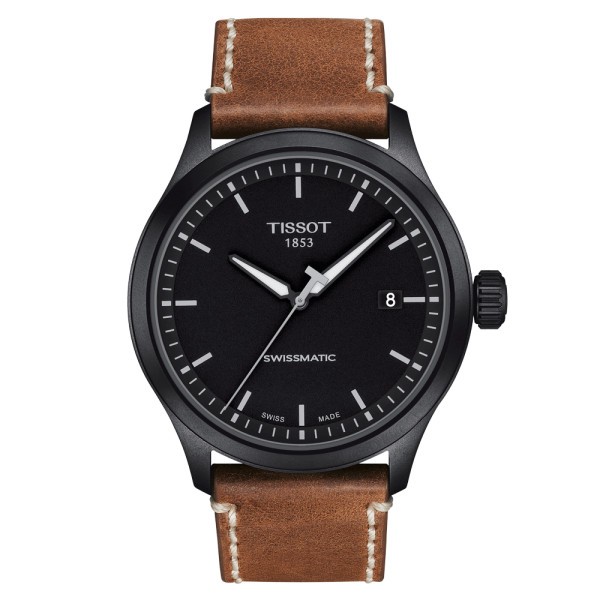 Montre Tissot T-Sport Gent XL Swissmatic cadran noir bracelet cuir brun 43 mm T116.407.36.051.01