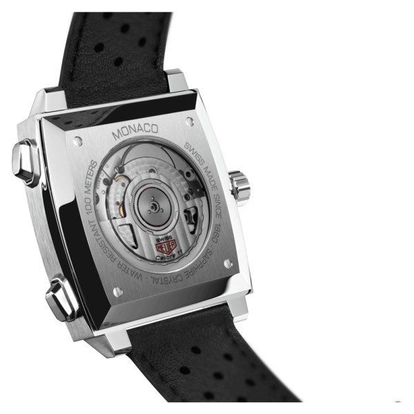 Montre TAG Heuer Monaco Calibre 11 cadran bleu bracelet cuir perforé noir 39 mm CAW211P.FC6356