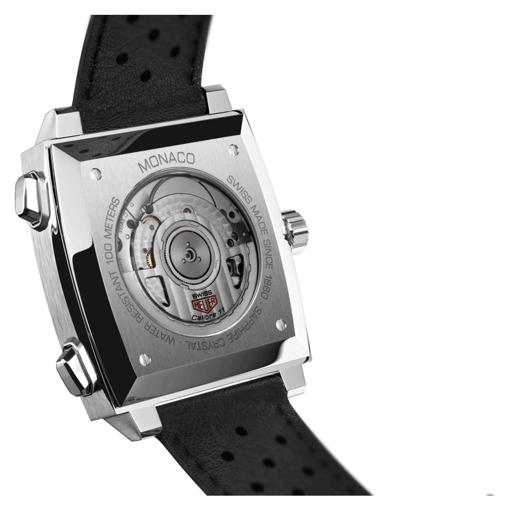 TAG Heuer Monaco Calibre 11 watch blue dial black perforated leather strap 39 mm