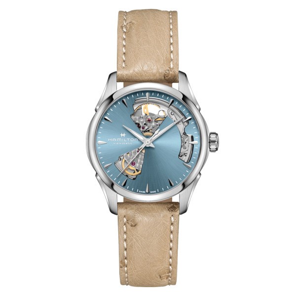 Montre Hamilton Jazzmaster Open Heart Lady automatique cadran bleu bracelet cuir beige 36 mm