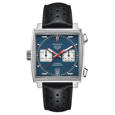 Montre TAG Heuer Monaco Calibre 11 cadran bleu bracelet cuir perforé noir 39 mm CAW211P.FC6356