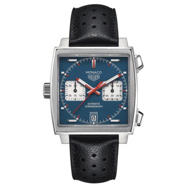 TAG Heuer Monaco Calibre 11 watch blue dial black perforated leather strap 39 mm
