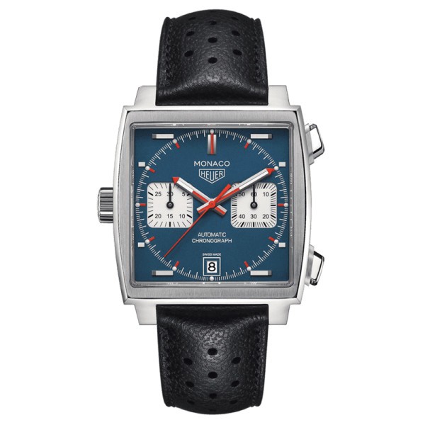 Montre TAG Heuer Monaco Calibre 11 cadran bleu bracelet cuir perforé noir 39 mm CAW211P.FC6356