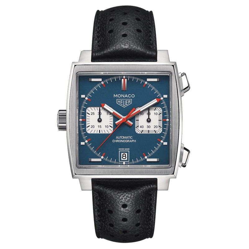 TAG Heuer Monaco Calibre 11 watch blue dial black perforated leather strap 39 mm