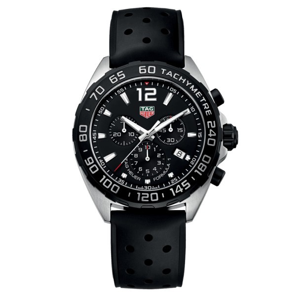 TAG Heuer Formula 1 quartz watch black dial black steel bezel black perforated rubber strap 43 mm